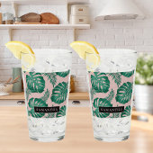 Tropisch roze en groen lederen patroon en naam glas