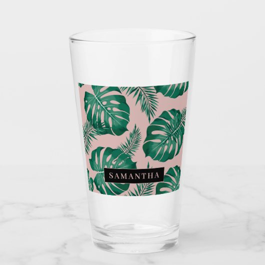 Tropisch roze en groen lederen patroon en naam glas (Voorkant)