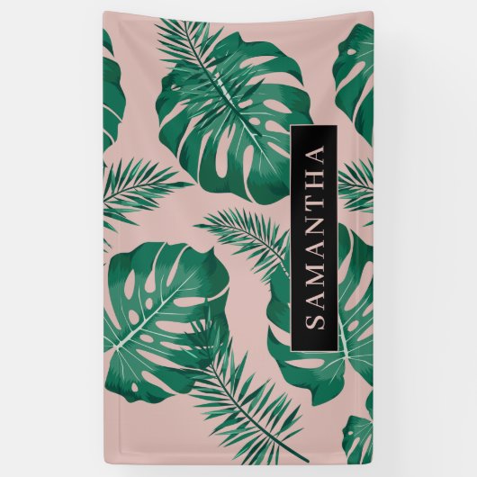 Tropisch roze en groen lederen patroon en naam spandoek (Verticaal)