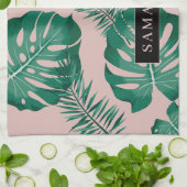 Tropisch roze en groen lederen patroon en naam theedoek (Gevouwen)