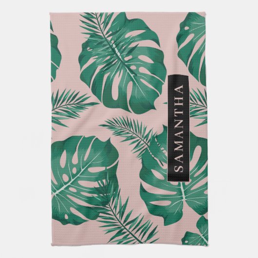 Tropisch roze en groen lederen patroon en naam theedoek (Verticaal)