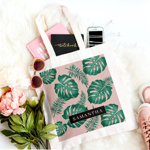 Tropisch roze en groen lederen patroon en naam tote bag