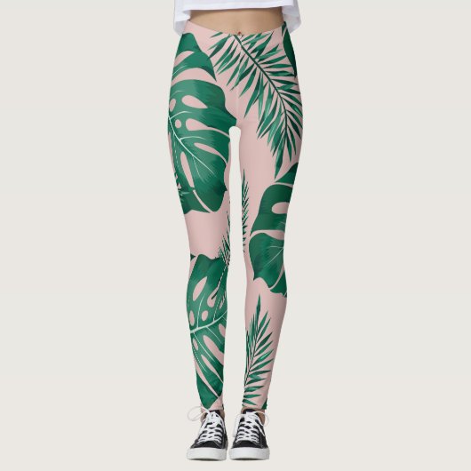 Tropisch roze en groene handpalmen zonder naadloos leggings (Voorkant)