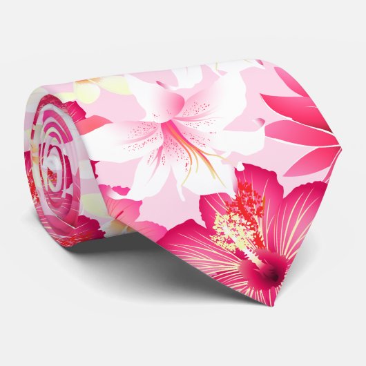 Tropisch roze en witte bloemen stropdas (Opgerold)