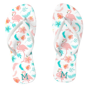 Tropisch roze flamingo Blauwgroen Monogram Teenslippers