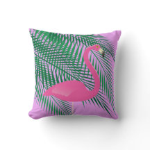 Tropisch roze flamingo en palmbladeren op Paars