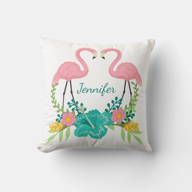 Tropisch roze flamingo Floral gepersonaliseerd Kussen (Voorkant)