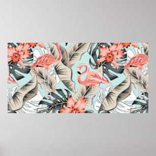 Tropisch roze flamingo met orchidee bloemen en lea poster