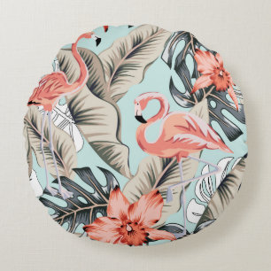 Tropisch roze flamingo met orchidee bloemen en lea rond kussen