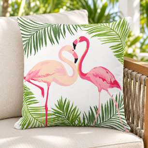 Tropisch Roze Flamingo Paar Palmblad Buitenkussen