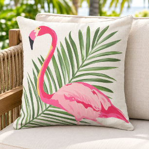 Tropisch Roze Flamingo Palm Beige Linnen Buitenkussen