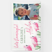 Tropisch roze flamingo strand verjaardagsfeestje spandoek (Verticaal)