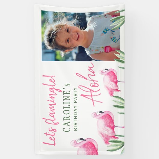 Tropisch roze flamingo strand verjaardagsfeestje spandoek (Verticaal)