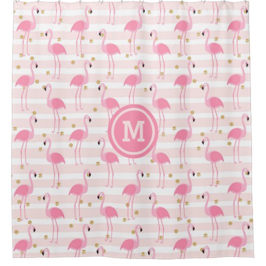 Tropisch roze flamingo Stripe Monogram  Douchegordijn (Voorkant)