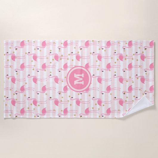 Tropisch Roze Flamingo Stripe Patroon Monogram Strandlaken (Voorkant)
