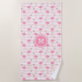 Tropisch Roze Flamingo Stripe Patroon Monogram Strandlaken (Voorkant)