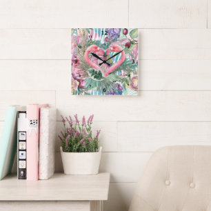 Tropisch Roze Flamingohart Abstracte Gelaagde Kuns Vierkante Klok