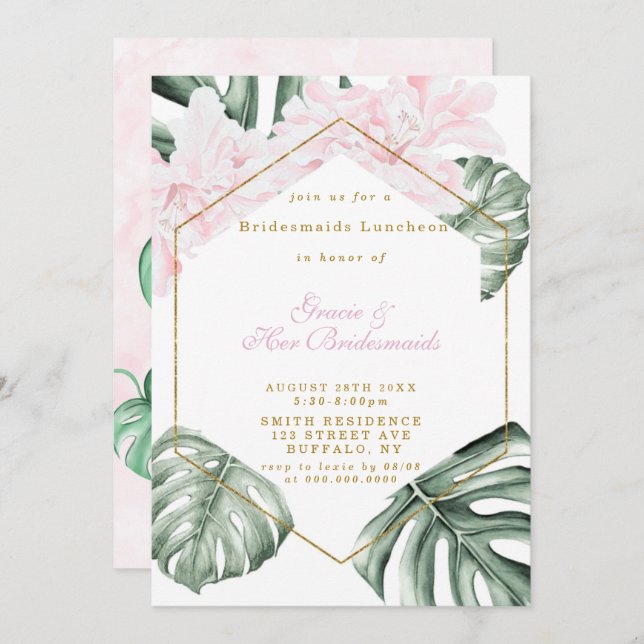 Tropisch roze Floral Bridesmaids Luncheon Invitae (Voorkant / Achterkant)