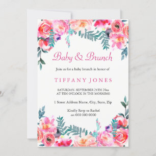 Tropisch roze Floral Waterverf Baby Brunch Kaart