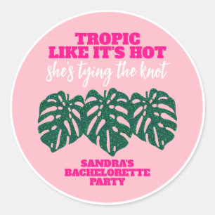 Tropisch Roze Glitter Monstera Meidenavondfeest Ronde Sticker