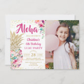 Tropisch roze gouden anananas Luau Birthday Foto Kaart (Voorkant)