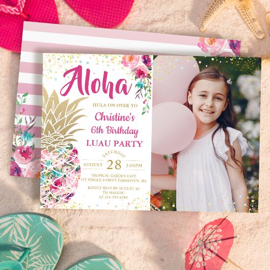 Tropisch roze gouden anananas Luau Birthday Foto Kaart
