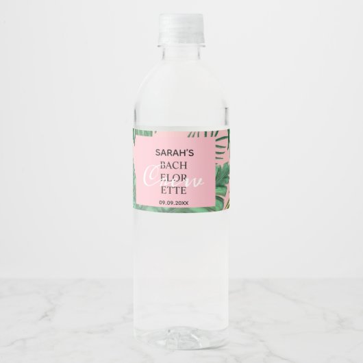 Tropisch roze groen Bachelorette Favor Waterfles Etiket (Voorkant)