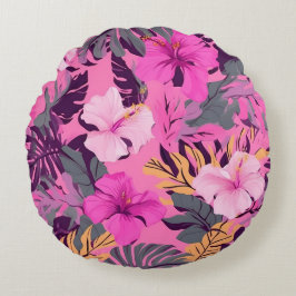 Tropisch Roze Hibiscus - Bladerige Bloemen Ontwerp Rond Kussen