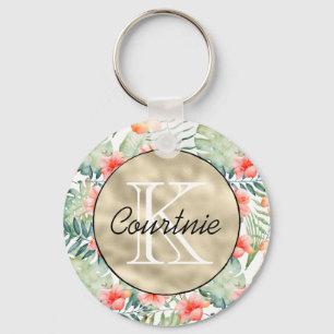 Tropisch Roze Hibiscus Bloem Gouden Monogram Sleutelhanger