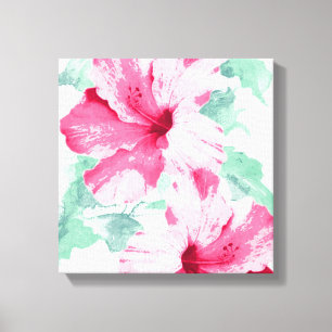 Tropisch Roze Hibiscus Bloemenroze & Mint Groen Canvas Afdruk