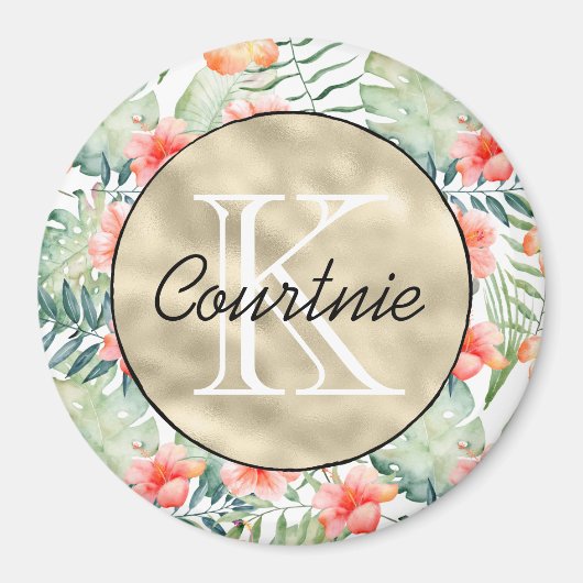 Tropisch roze hibiscus Floral monogram Magneet (Voorkant)