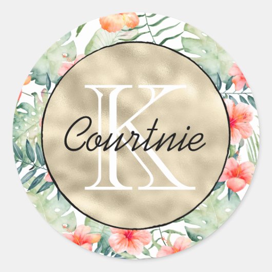 Tropisch roze hibiscus Floral monogram        Ronde Sticker (Voorkant)