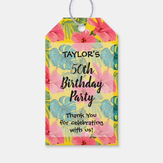 Tropisch Roze Hibiscus Verjaardagsfeest Dank u Cadeaulabel (Voorkant)