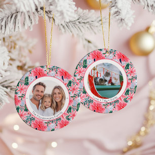 Tropisch Roze Kerst Bloemstuk 2 Familie Foto's Keramisch Ornament
