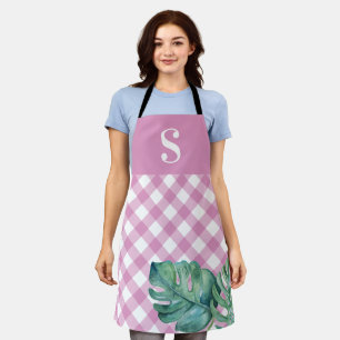 Tropisch roze keukenschort met monogram voor haar schort