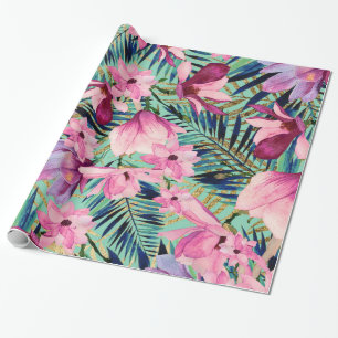 Tropisch roze marineblauw aqua goud moderne floraa cadeaupapier