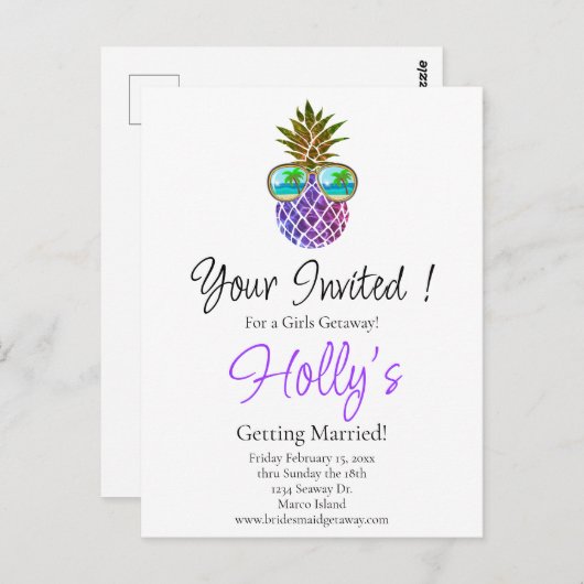 Tropisch roze paarse ananas Bachelorette invite Briefkaart (Voorkant / Achterkant)
