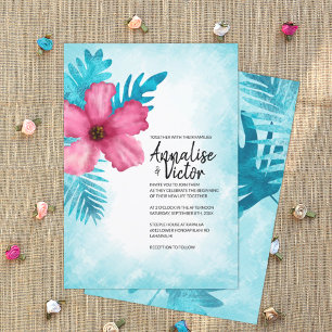 Tropisch roze turquoise hibiscus eiland bruiloft kaart