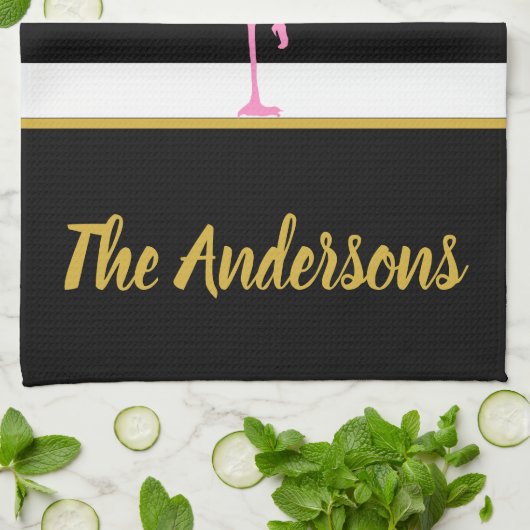 Tropisch roze vlamJon op zwarte en witte strepen Theedoek (Gevouwen)