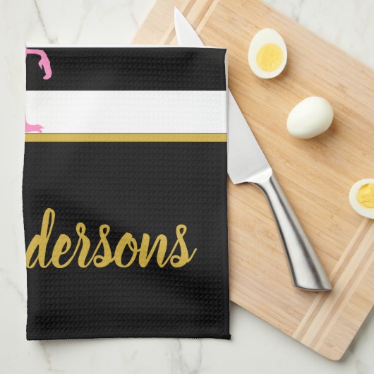 Tropisch roze vlamJon op zwarte en witte strepen Theedoek (Quarter Fold)