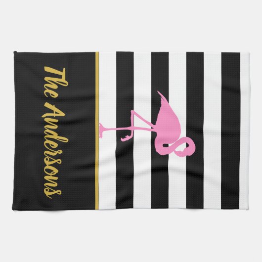 Tropisch roze vlamJon op zwarte en witte strepen Theedoek (Horizontaal)