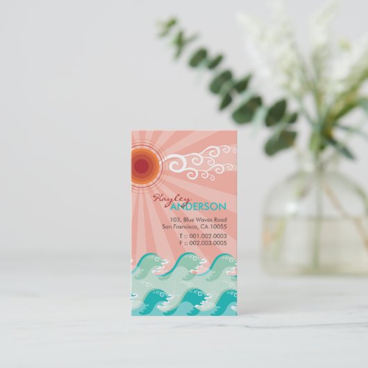 Tropisch roze zon Aqua Waves Summer Beach Ocean Visitekaartje (Staand voorkant)