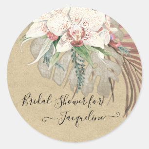 Tropisch rustiek Kraft Orchidee Salie Bloemen Blad Ronde Sticker