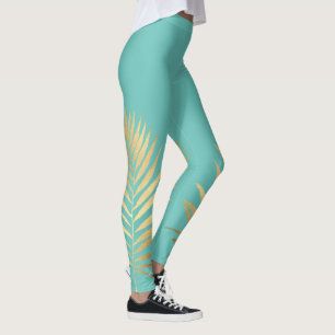 Tropisch Shimmer Gold Palm Leaves Soft Aqua Blue Leggings