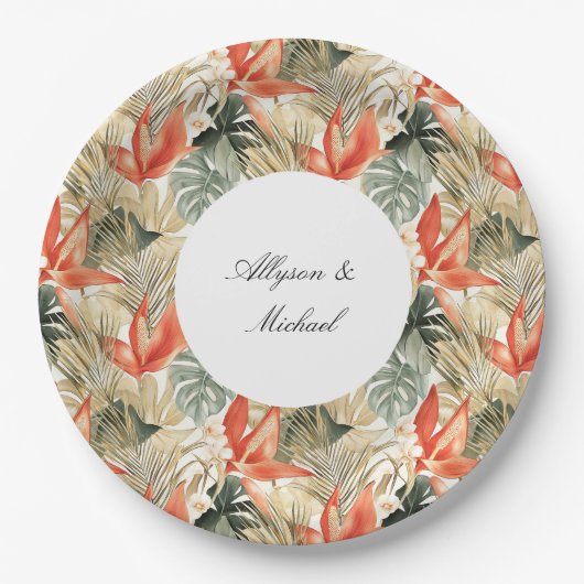 Tropisch Sinaasappel Anthurium Bloemenbruiloft Papieren Bordje (Voorkant)