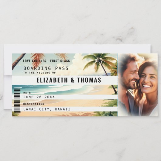 Tropisch strand Bestemming Boarding Pass Bruiloft Kaart (Voorkant)