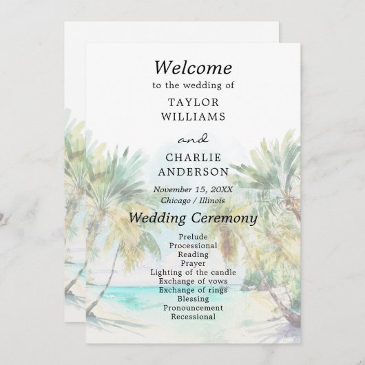 Tropisch strand bestemming bruiloft programma (Voorkant / Achterkant)