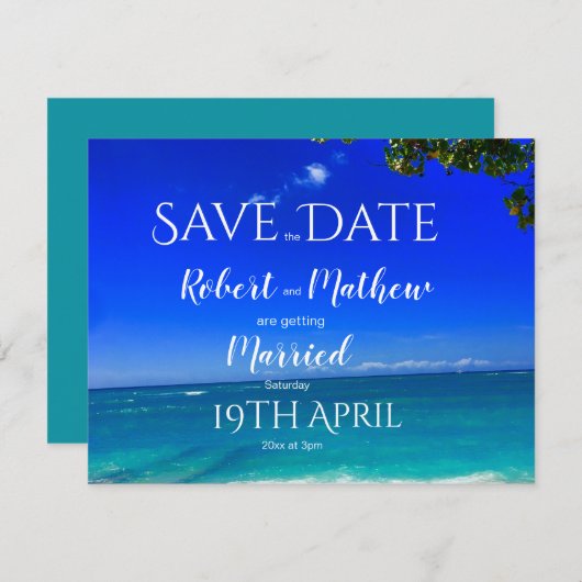 Tropisch strand Blauw opslaan Datum Save The Date (Voorkant / Achterkant)