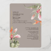 Tropisch strand Bloemen Taupe Bruiloft Gouden foli Folie Uitnodiging (Voorkant)
