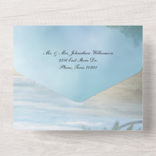 Tropisch strand bruiloft  all in one uitnodiging (Achterkant)